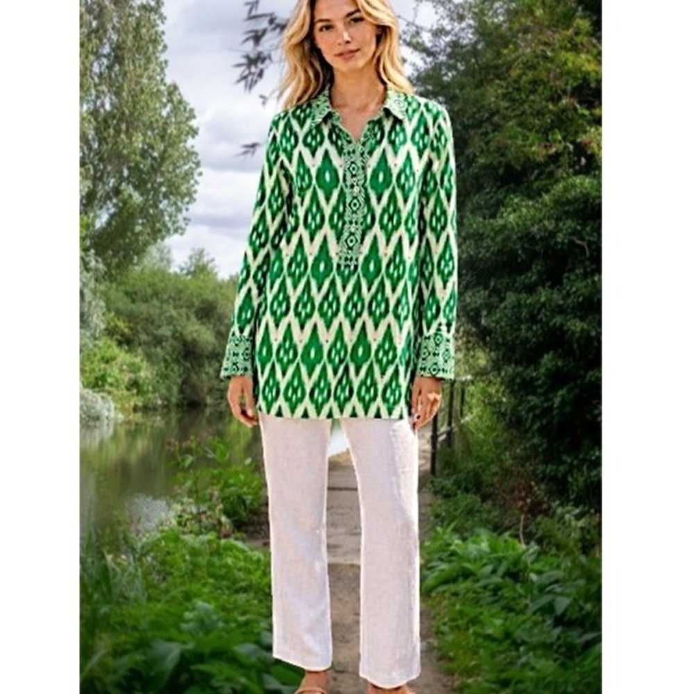 Talbots Leafy Ikat Geometric Border Tunic Women's L Green White Statement Top